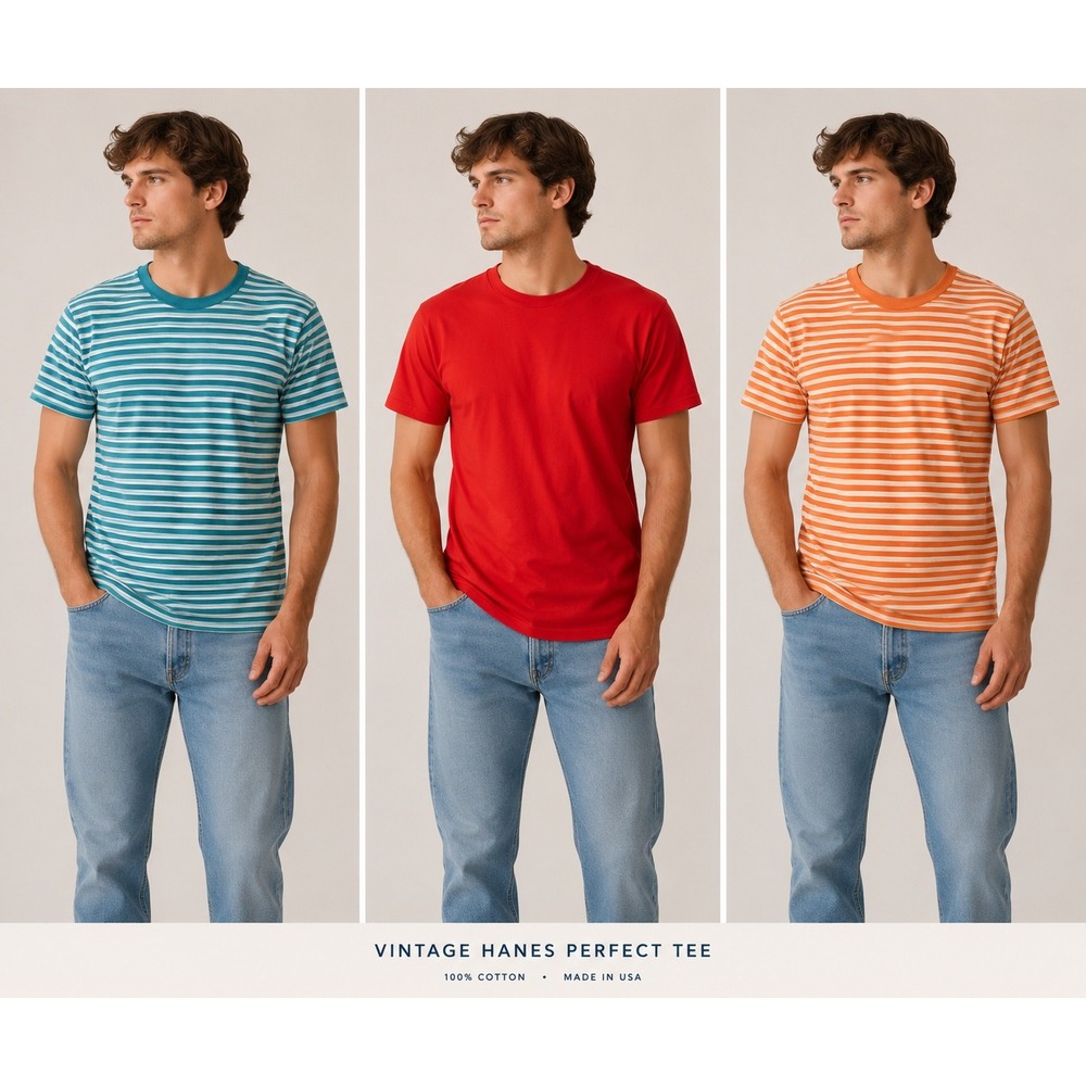 Vintage Hanes Perfect Tee Bundle Large Red Orange Teal Striped 100% Cotton 3 Pk